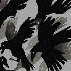 a monochrome traditional ink drawing of several abstract crow silhouettes flying down and left